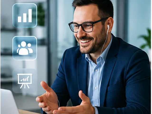 A professional presenting confidently during an online business meeting