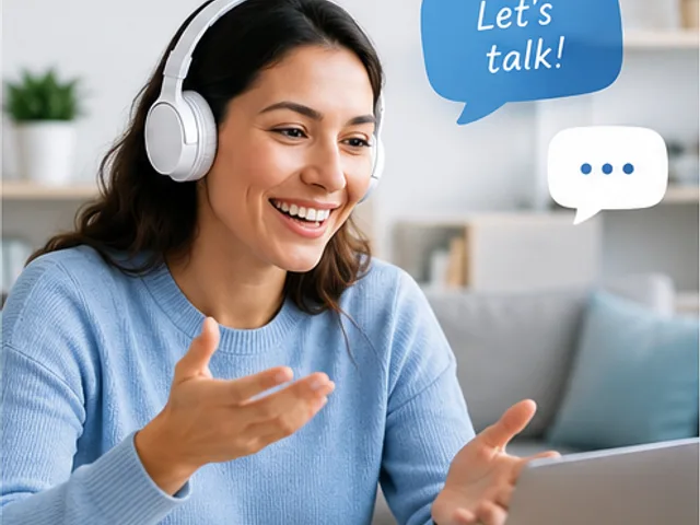 An adult learner speaking and smiling during an online English conversation lesson