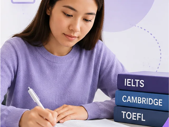 A focused adult learner working through English exam practice with notes and a laptop