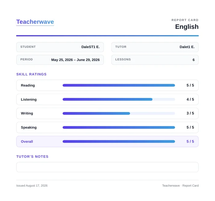 The same report card as a downloadable Teacherwave PDF document, with skill ratings and a space for the tutor's notes.